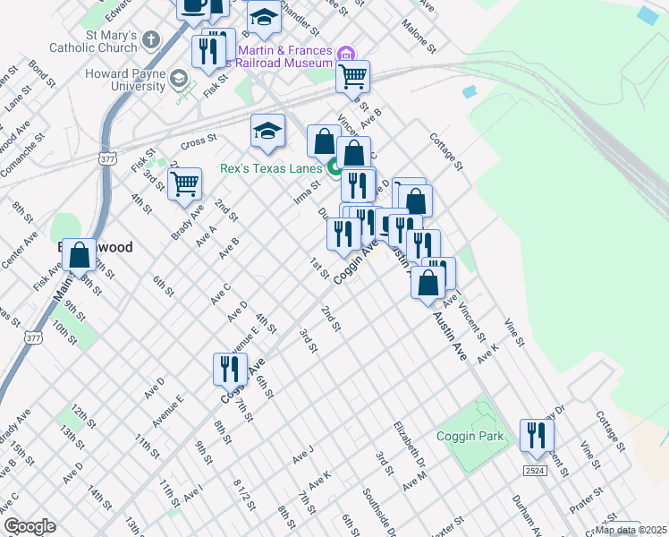 map of restaurants, bars, coffee shops, grocery stores, and more near 1201 Coggin Avenue in Brownwood