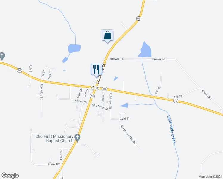 map of restaurants, bars, coffee shops, grocery stores, and more near 1228 Blue Springs Street in Clio