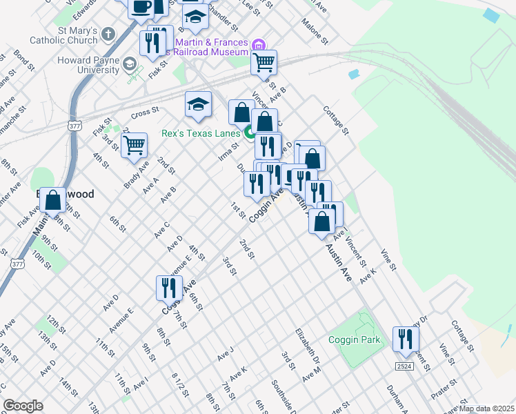 map of restaurants, bars, coffee shops, grocery stores, and more near 1201 Coggin Avenue in Brownwood