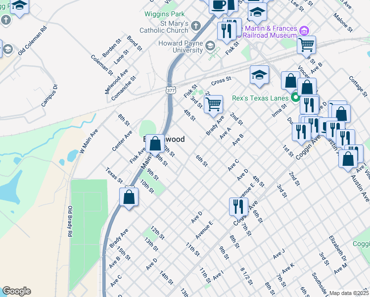 map of restaurants, bars, coffee shops, grocery stores, and more near 604 6th Street in Brownwood