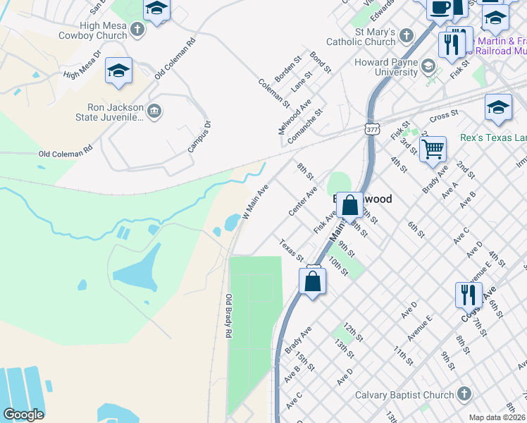 map of restaurants, bars, coffee shops, grocery stores, and more near 2300 West Main Avenue in Brownwood