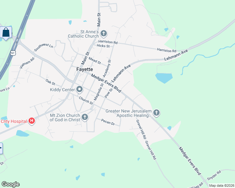 map of restaurants, bars, coffee shops, grocery stores, and more near 572-630 Medgar Evers Boulevard in Fayette