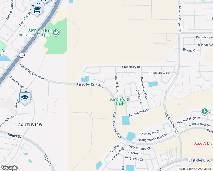 map of restaurants, bars, coffee shops, grocery stores, and more near 12216 Rathmore Drive in El Paso