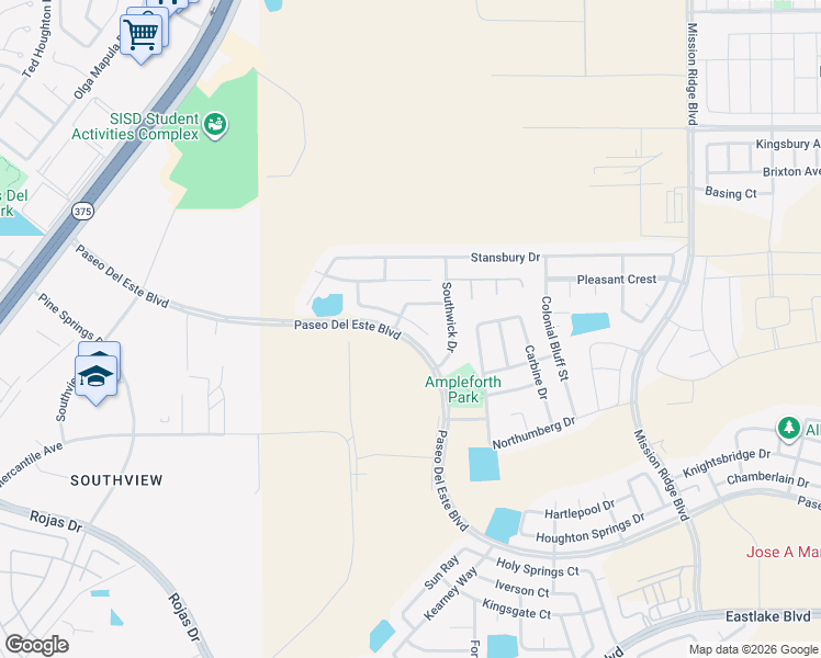 map of restaurants, bars, coffee shops, grocery stores, and more near 12216 Rathmore Drive in El Paso