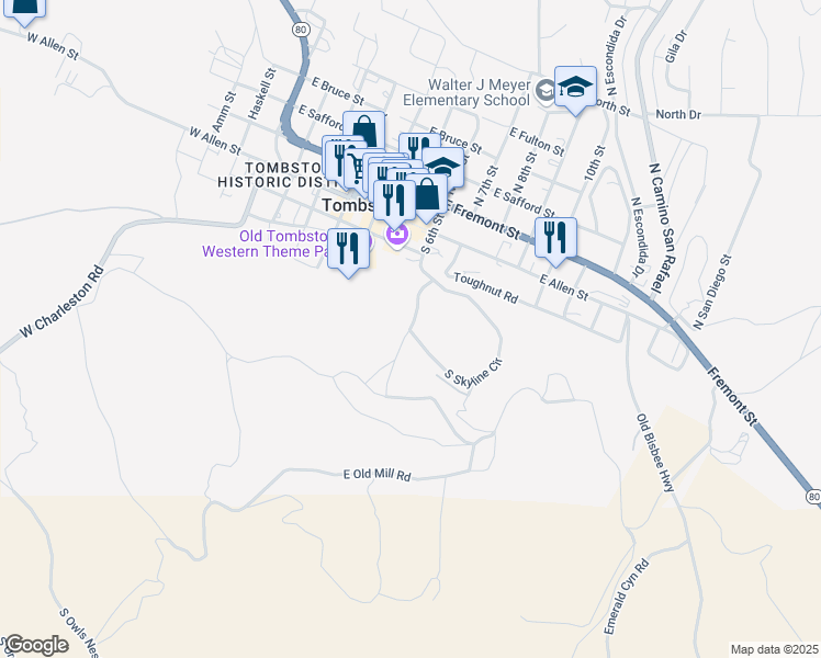 map of restaurants, bars, coffee shops, grocery stores, and more near 401 Skyline Drive in Tombstone
