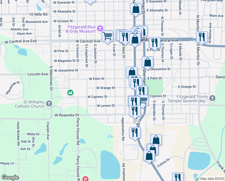 map of restaurants, bars, coffee shops, grocery stores, and more near 605 South Lee Street in Fitzgerald