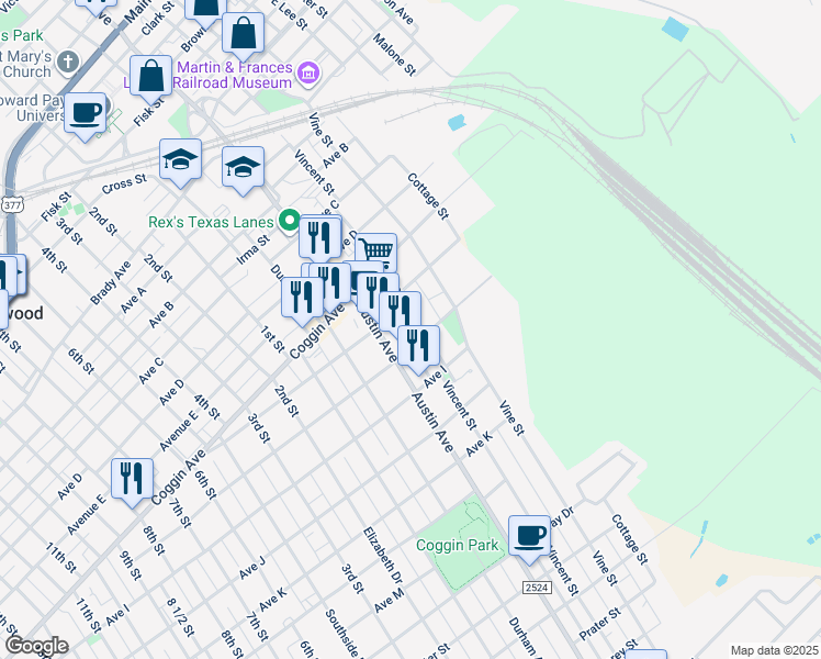 map of restaurants, bars, coffee shops, grocery stores, and more near 1603 Vincent Street in Brownwood