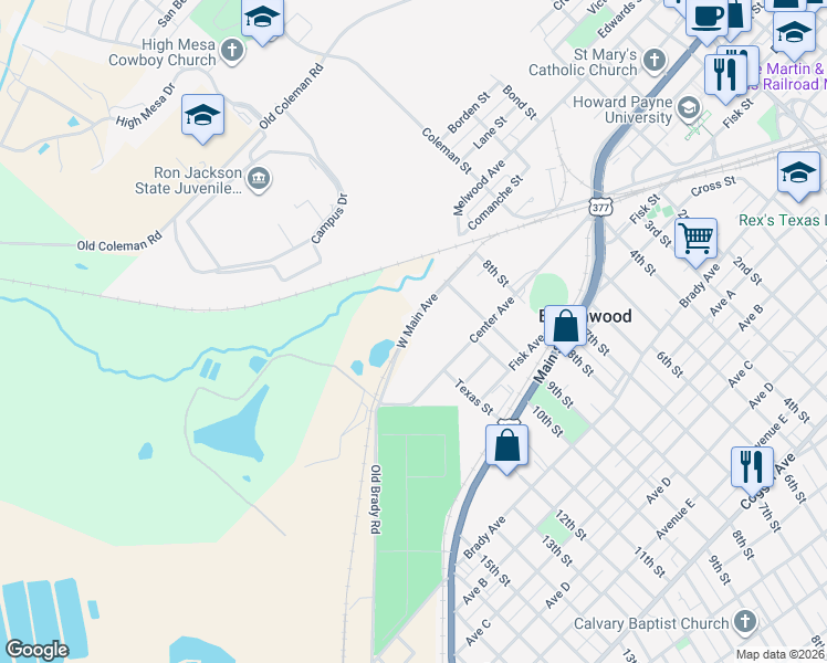 map of restaurants, bars, coffee shops, grocery stores, and more near 2300 West Main Avenue in Brownwood