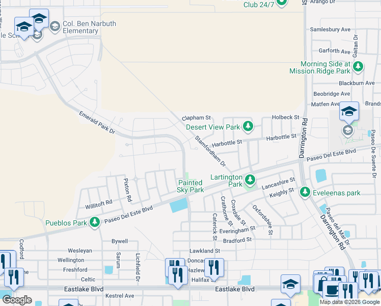 map of restaurants, bars, coffee shops, grocery stores, and more near 13445 Plumpton Rd in El Paso