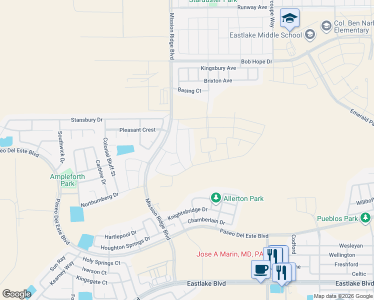 map of restaurants, bars, coffee shops, grocery stores, and more near Mission Ridge Boulevard in El Paso