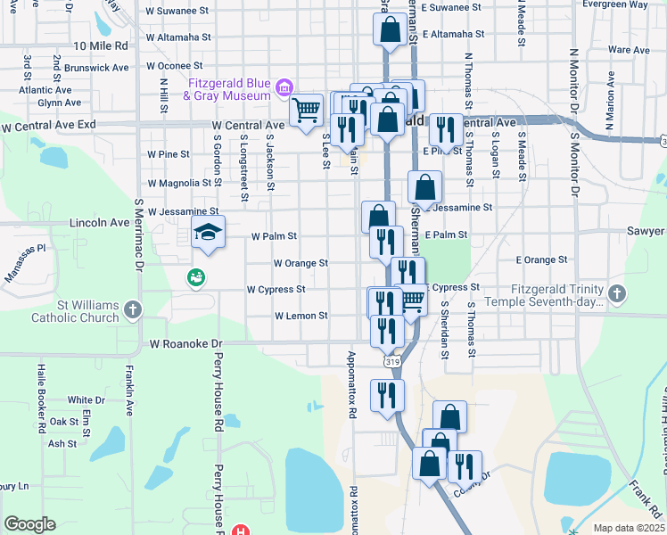 map of restaurants, bars, coffee shops, grocery stores, and more near 605 South Lee Street in Fitzgerald
