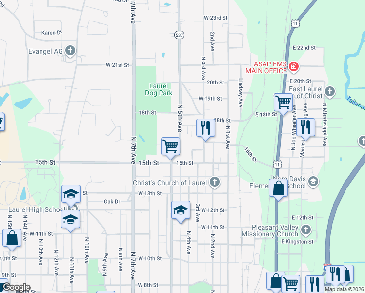 map of restaurants, bars, coffee shops, grocery stores, and more near 1601 North 5th Avenue in Laurel