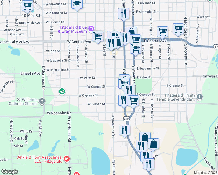map of restaurants, bars, coffee shops, grocery stores, and more near 609 South Main Street in Fitzgerald