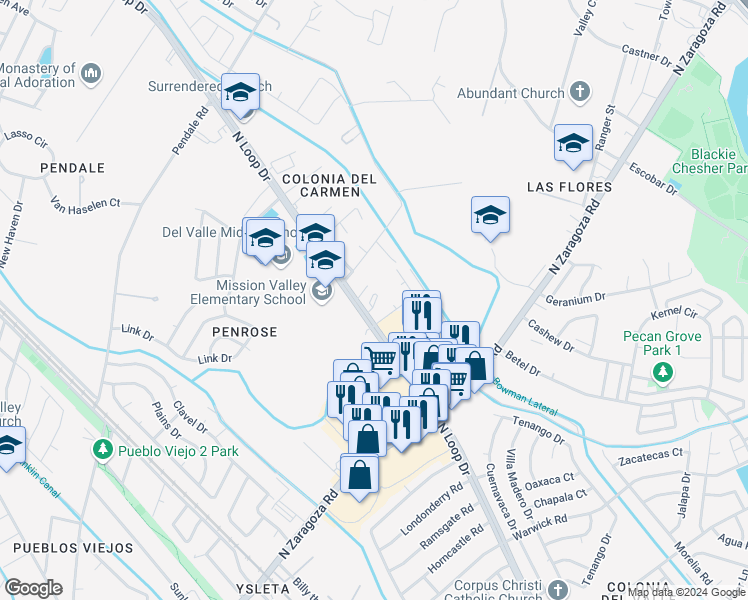 map of restaurants, bars, coffee shops, grocery stores, and more near 8691 North Loop Drive in El Paso