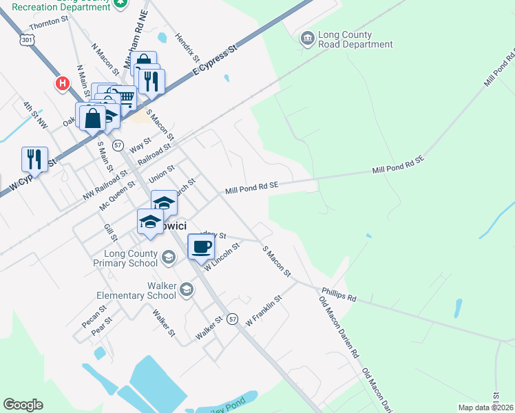 map of restaurants, bars, coffee shops, grocery stores, and more near 110 Mill Pond Road Southeast in Ludowici
