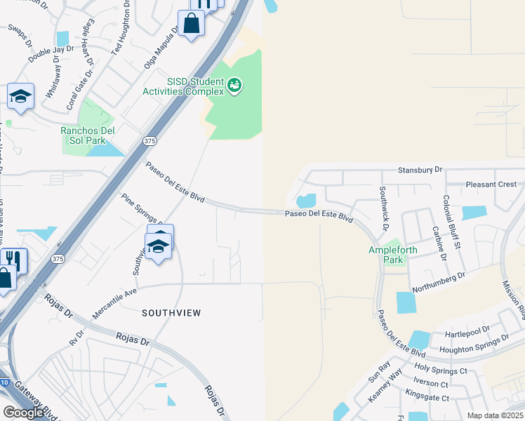 map of restaurants, bars, coffee shops, grocery stores, and more near Paseo Del Este Blvd in El Paso