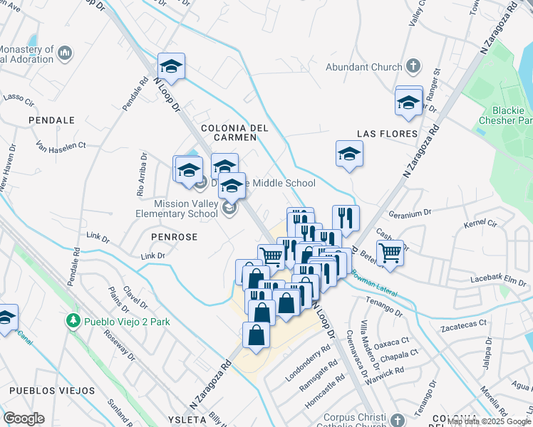map of restaurants, bars, coffee shops, grocery stores, and more near 8691 North Loop Drive in El Paso