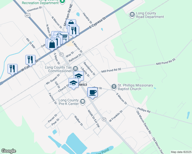 map of restaurants, bars, coffee shops, grocery stores, and more near 162 East Academy Street in Ludowici
