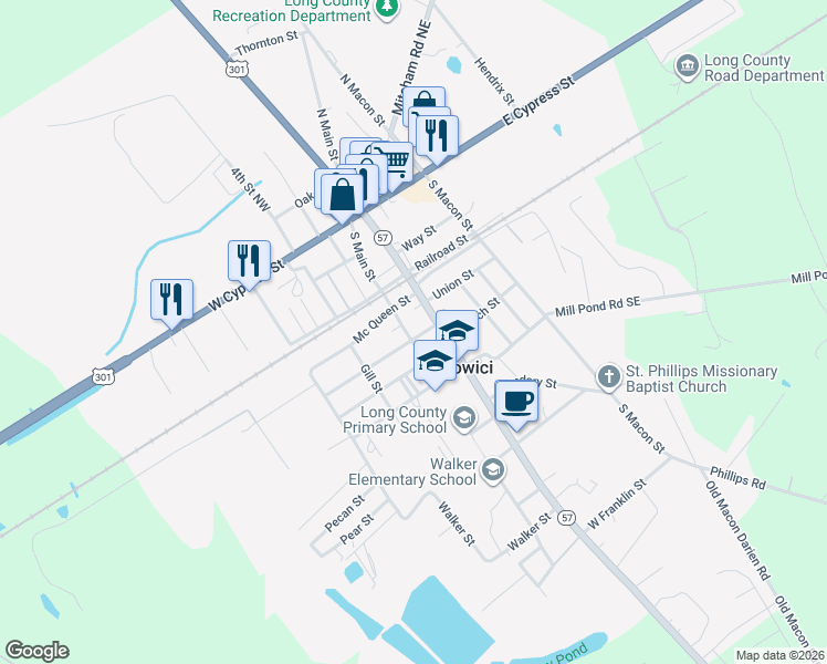 map of restaurants, bars, coffee shops, grocery stores, and more near 29 South Main Street in Ludowici