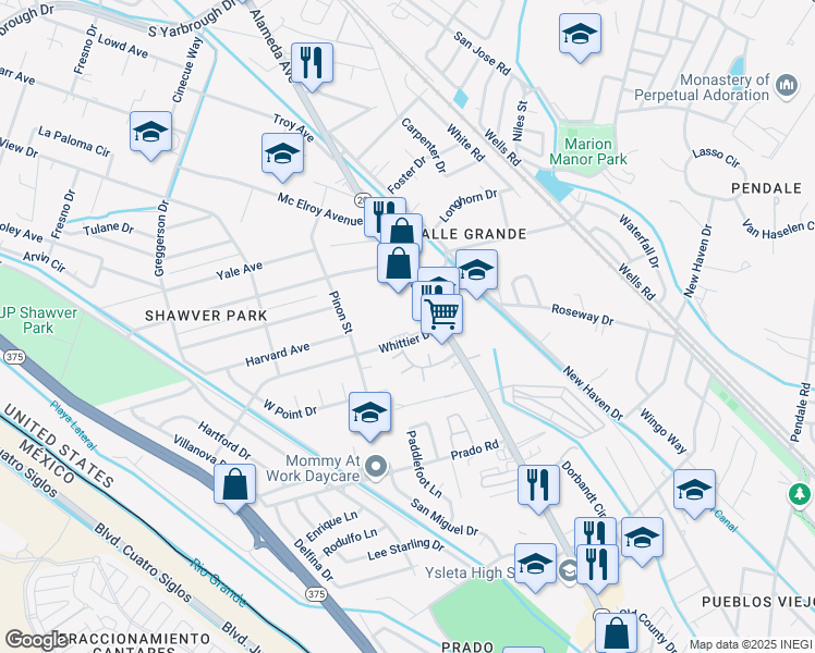 map of restaurants, bars, coffee shops, grocery stores, and more near 123 Whittier Drive in El Paso