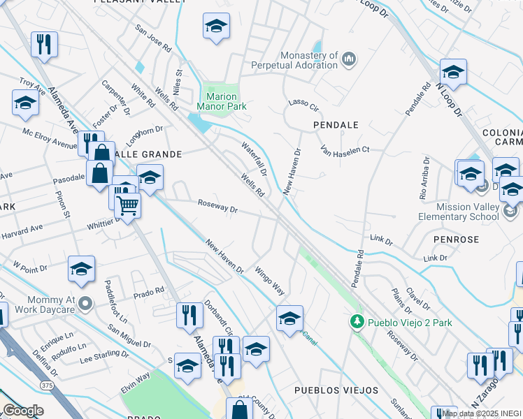 map of restaurants, bars, coffee shops, grocery stores, and more near 8487 Roseway Drive in El Paso