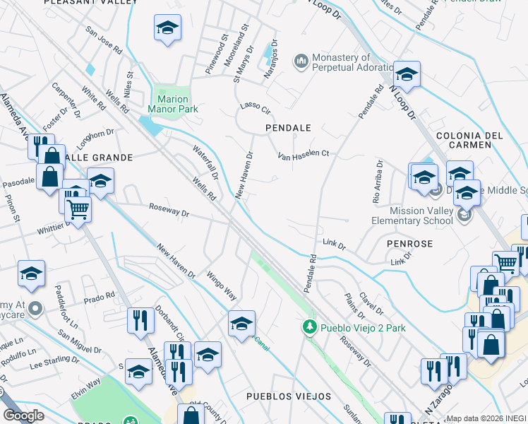 map of restaurants, bars, coffee shops, grocery stores, and more near in YSLETA SUR