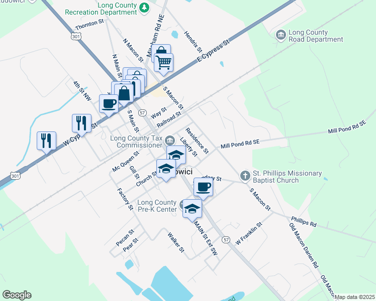 map of restaurants, bars, coffee shops, grocery stores, and more near 115 Elim Church Road in Ludowici