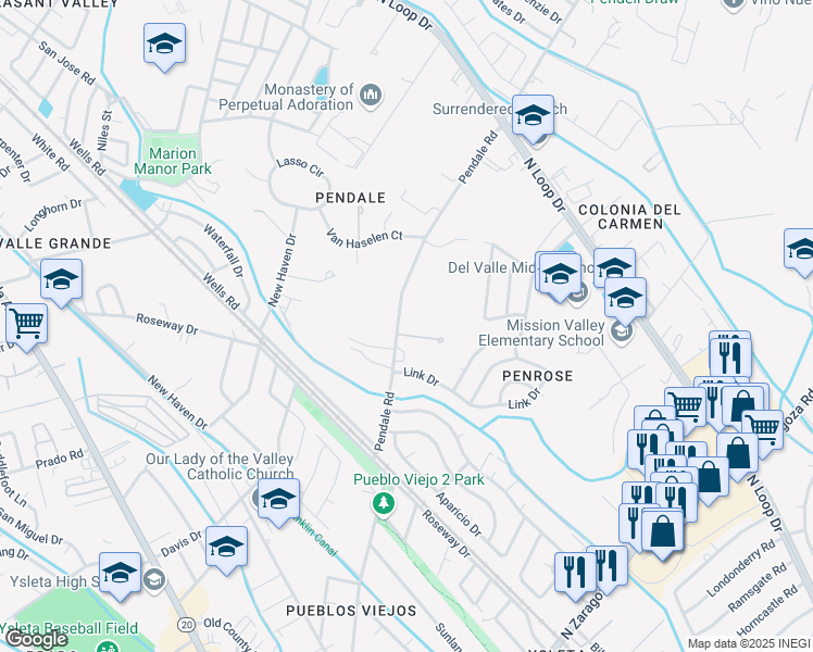 map of restaurants, bars, coffee shops, grocery stores, and more near 366 Pendale Road in El Paso
