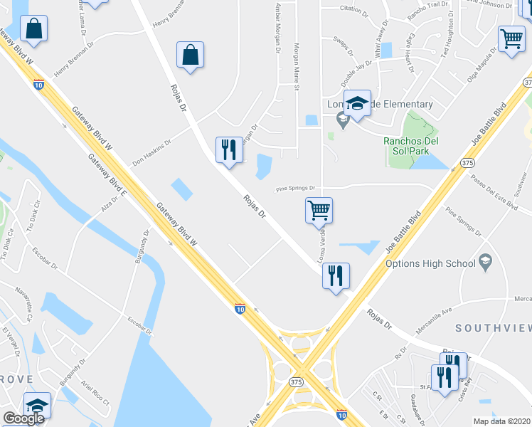 map of restaurants, bars, coffee shops, grocery stores, and more near Rojas Drive in El Paso