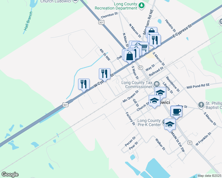 map of restaurants, bars, coffee shops, grocery stores, and more near 34 Factory Street Southwest in Ludowici