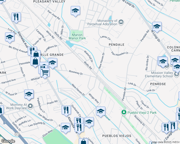 map of restaurants, bars, coffee shops, grocery stores, and more near 8487 Roseway Drive in El Paso