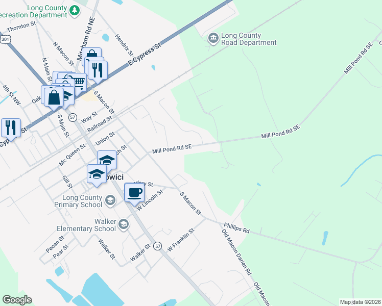 map of restaurants, bars, coffee shops, grocery stores, and more near 250 Mill Pond Road Southeast in Ludowici