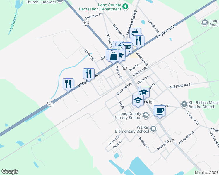 map of restaurants, bars, coffee shops, grocery stores, and more near 22 Northwest Railroad Street in Ludowici