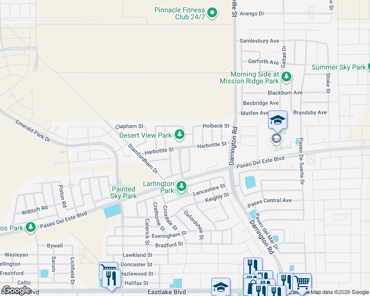 map of restaurants, bars, coffee shops, grocery stores, and more near Harbottle Street in El Paso