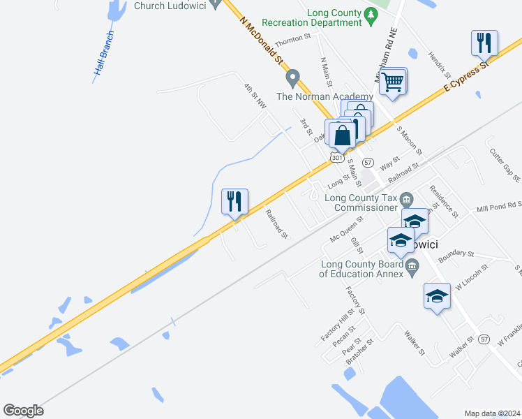 map of restaurants, bars, coffee shops, grocery stores, and more near 415 Cypress in Ludowici