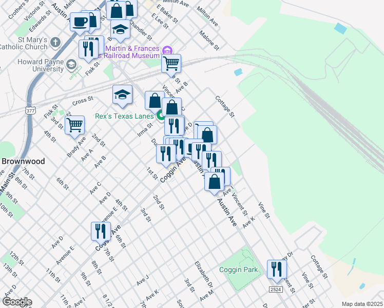map of restaurants, bars, coffee shops, grocery stores, and more near 1001-1019 Coggin Ave in Brownwood
