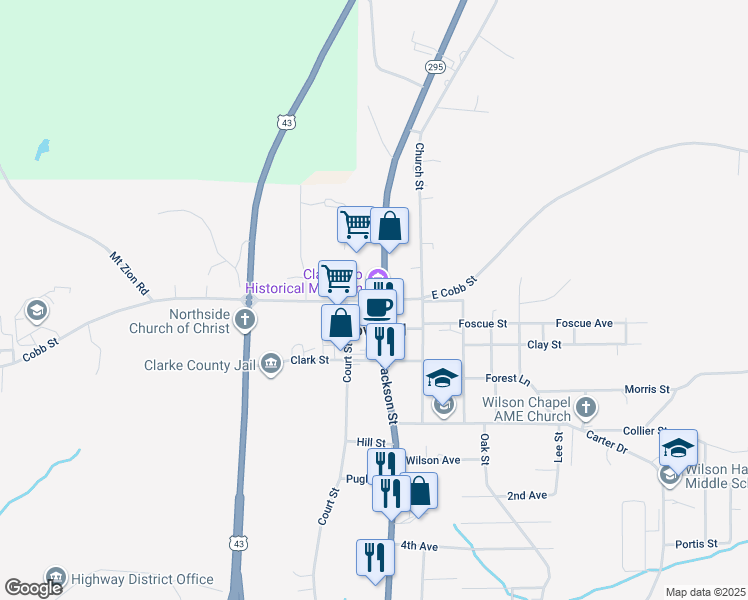 map of restaurants, bars, coffee shops, grocery stores, and more near 120 Cobb Street in Grove Hill