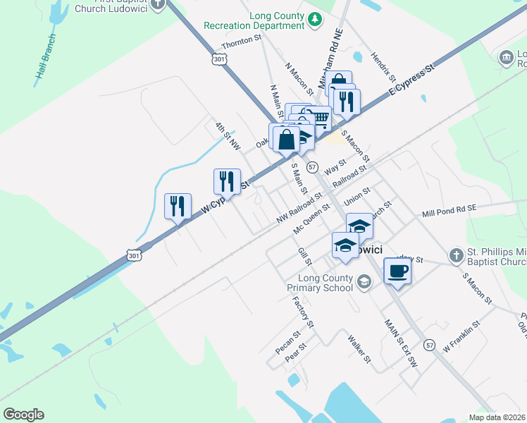 map of restaurants, bars, coffee shops, grocery stores, and more near 103 Factory Street in Ludowici