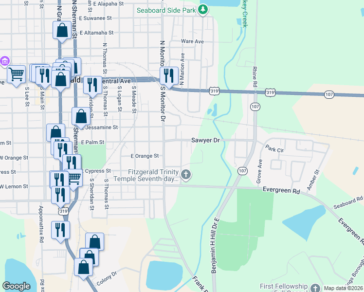 map of restaurants, bars, coffee shops, grocery stores, and more near 133b South Marion Avenue in Fitzgerald