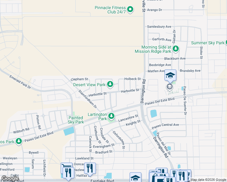 map of restaurants, bars, coffee shops, grocery stores, and more near 13610 Harbottle Street in El Paso