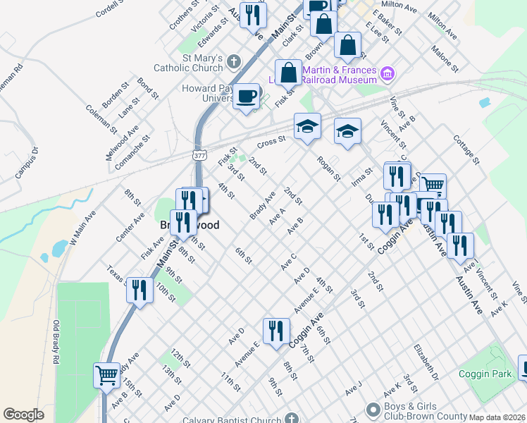 map of restaurants, bars, coffee shops, grocery stores, and more near 1510 Brady Ave in Brownwood