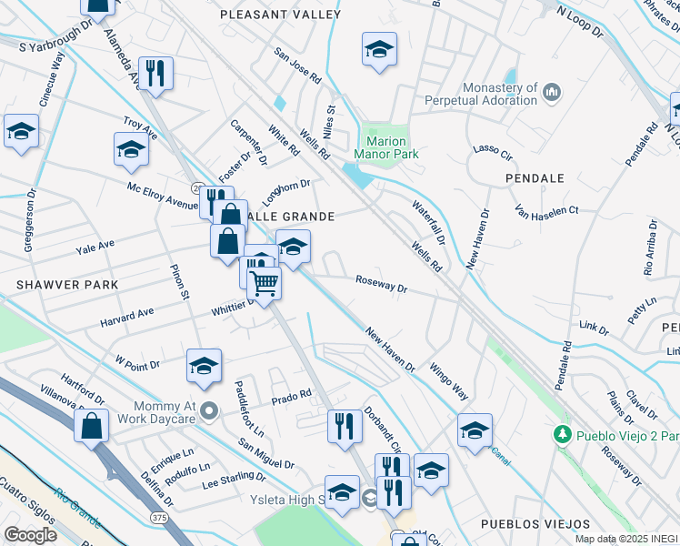 map of restaurants, bars, coffee shops, grocery stores, and more near 8479 Hughes Circle in El Paso
