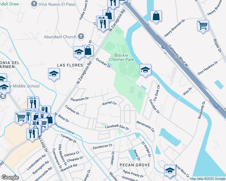 map of restaurants, bars, coffee shops, grocery stores, and more near 9129 Geranium Drive in El Paso