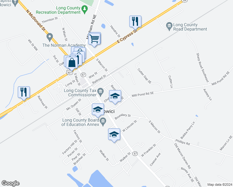 map of restaurants, bars, coffee shops, grocery stores, and more near 148 East Church Street in Ludowici
