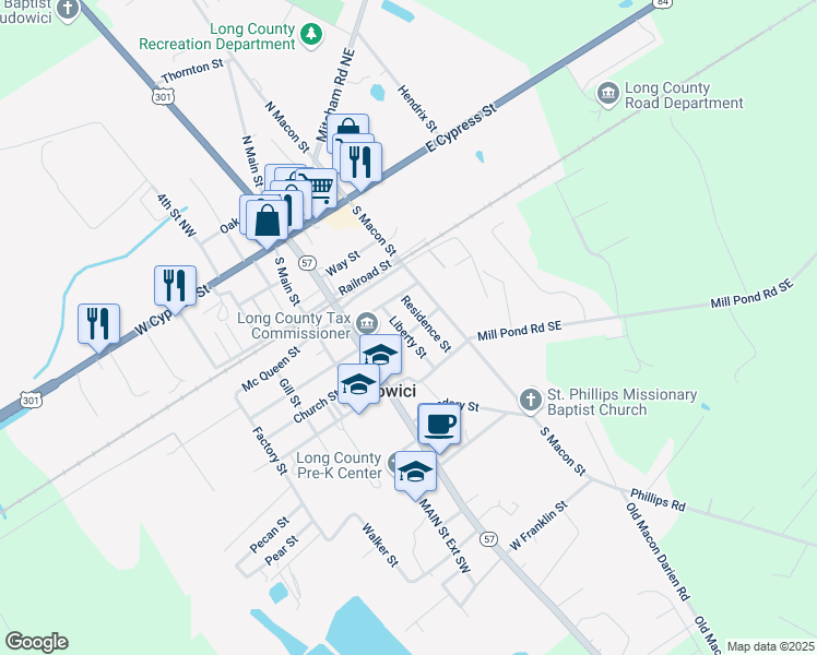 map of restaurants, bars, coffee shops, grocery stores, and more near 115 Elim Church Road in Ludowici