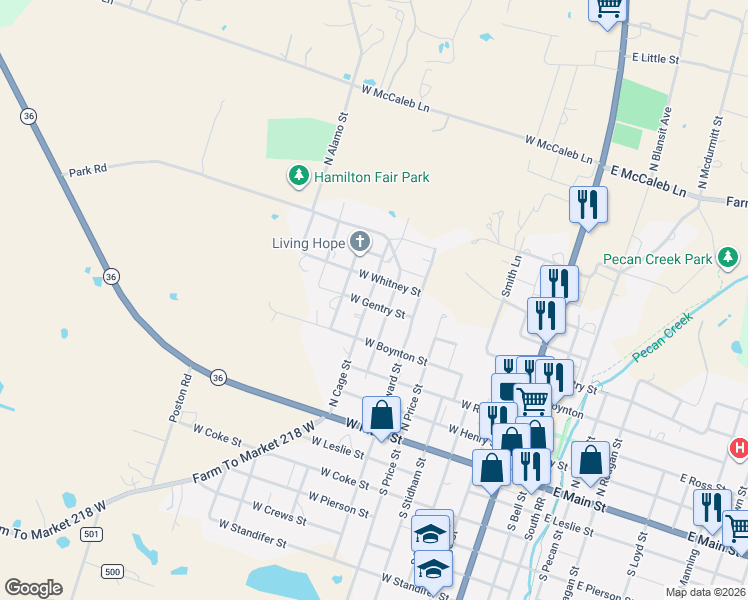 map of restaurants, bars, coffee shops, grocery stores, and more near 501 North Cage Street in Hamilton