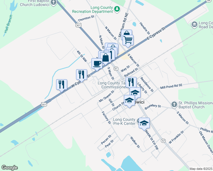 map of restaurants, bars, coffee shops, grocery stores, and more near 22 Northwest Railroad Street in Ludowici