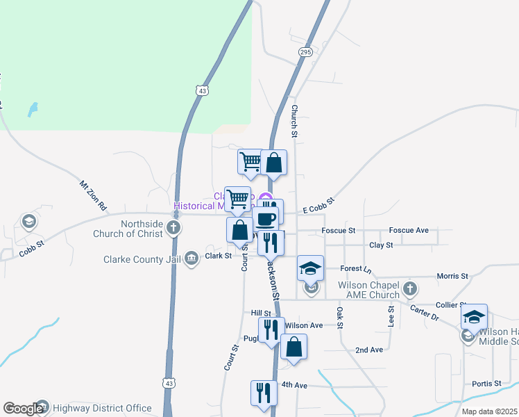 map of restaurants, bars, coffee shops, grocery stores, and more near 120 Cobb Street in Grove Hill