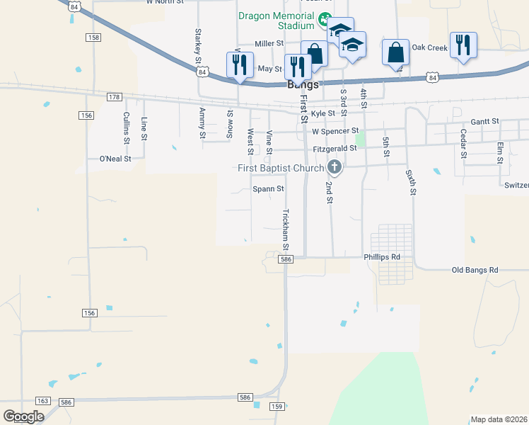 map of restaurants, bars, coffee shops, grocery stores, and more near 704 Trickham Street in Bangs