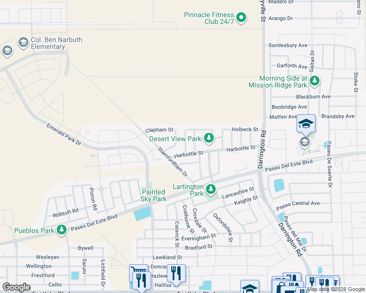 map of restaurants, bars, coffee shops, grocery stores, and more near 936 Penrith Street in El Paso